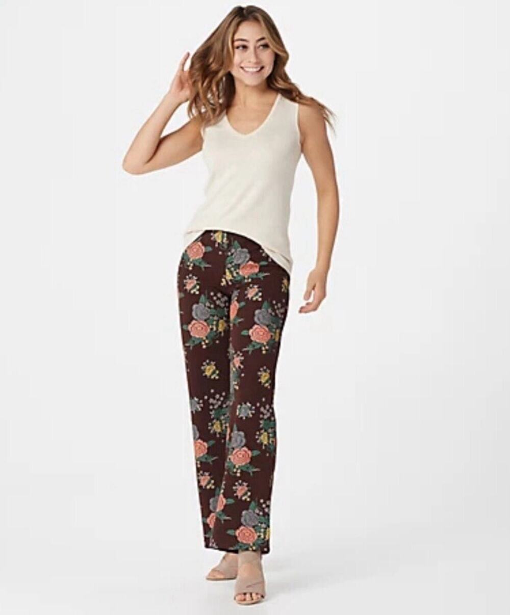 Attitudes by Renee Regular Novelty Straight Leg Pull-On Pants Chocolate XL Retro